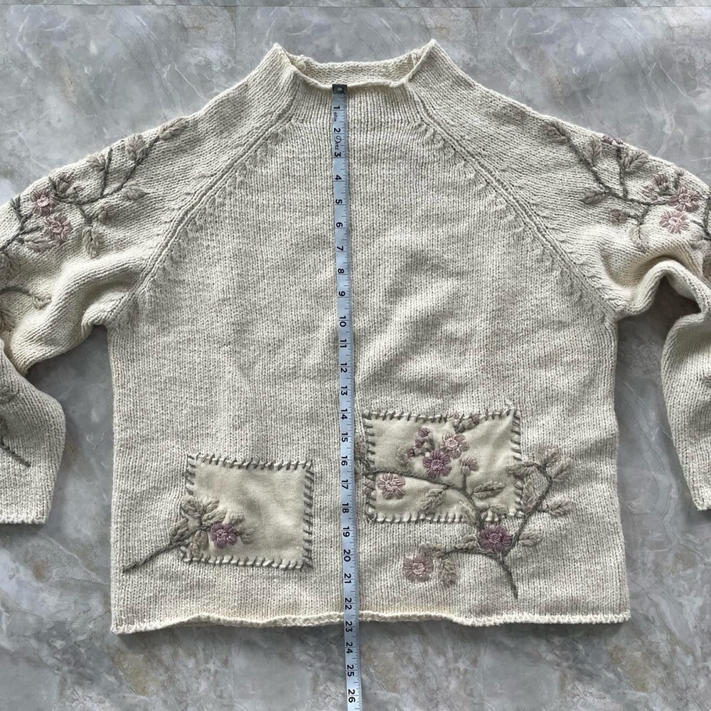 Coldwater Creek Floral Embroidered Patchwork Cream Sweater - Picture 7 of 8